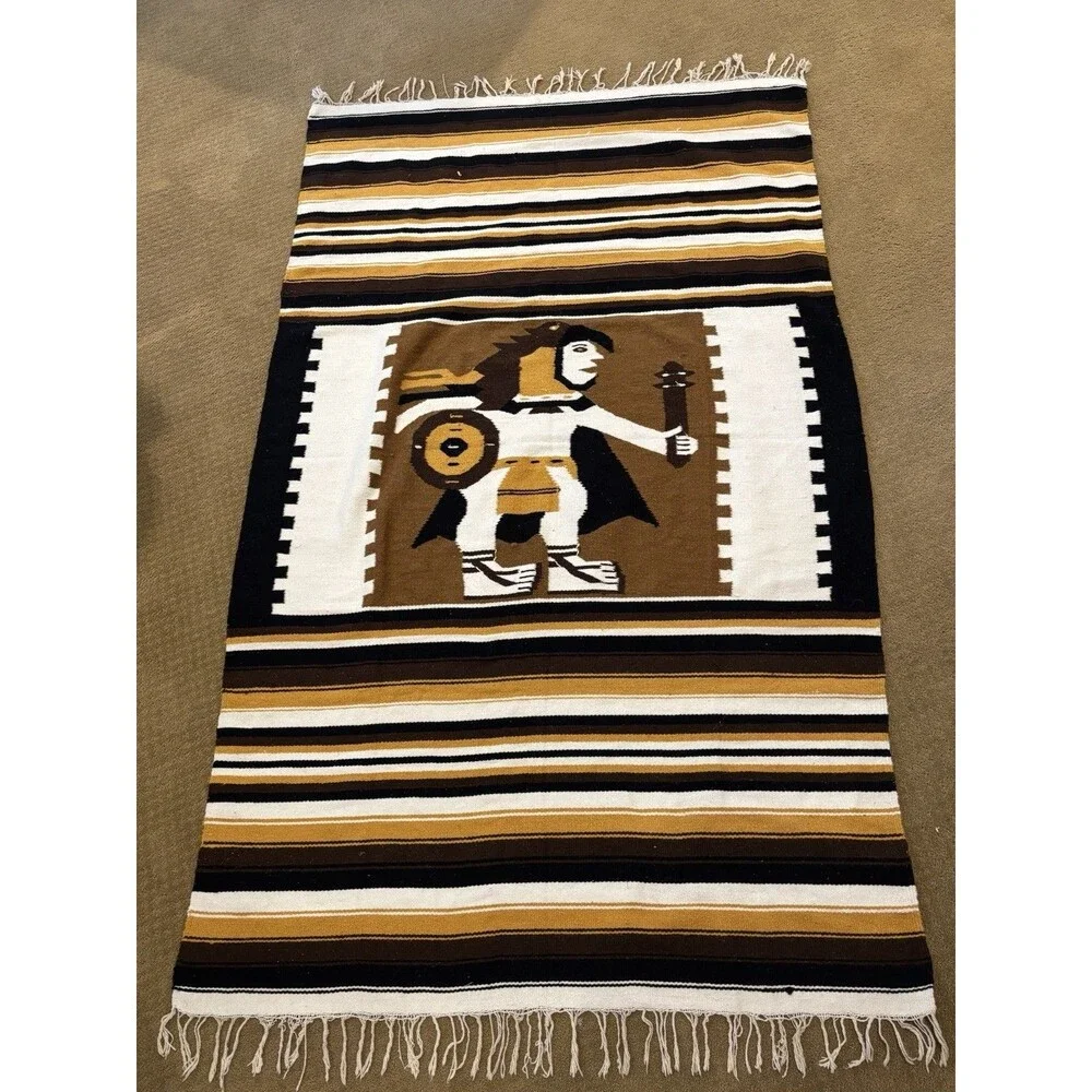 VTG 70s Handwoven Zapotec Oaxaca Eagle Warrior Rug Wool Cotton